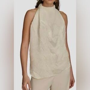 NWT Donna Karan Ivory Sleeveless Textured Crinkle Blouse, Size Small